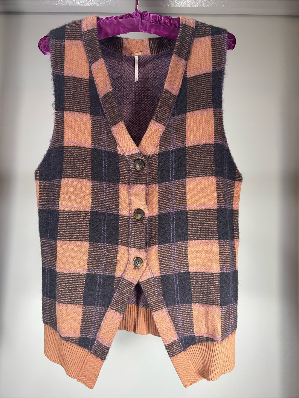 Free People Plaid Button Front Knit Sweater Vest Size XS